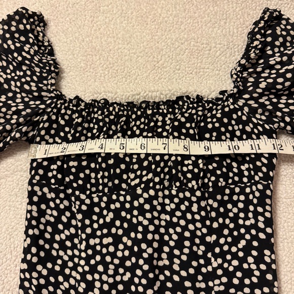 Reformation Bacio Top Pearls Black White Polka Dot Blouse Smocked Ruffle Back - Picture 8 of 13
